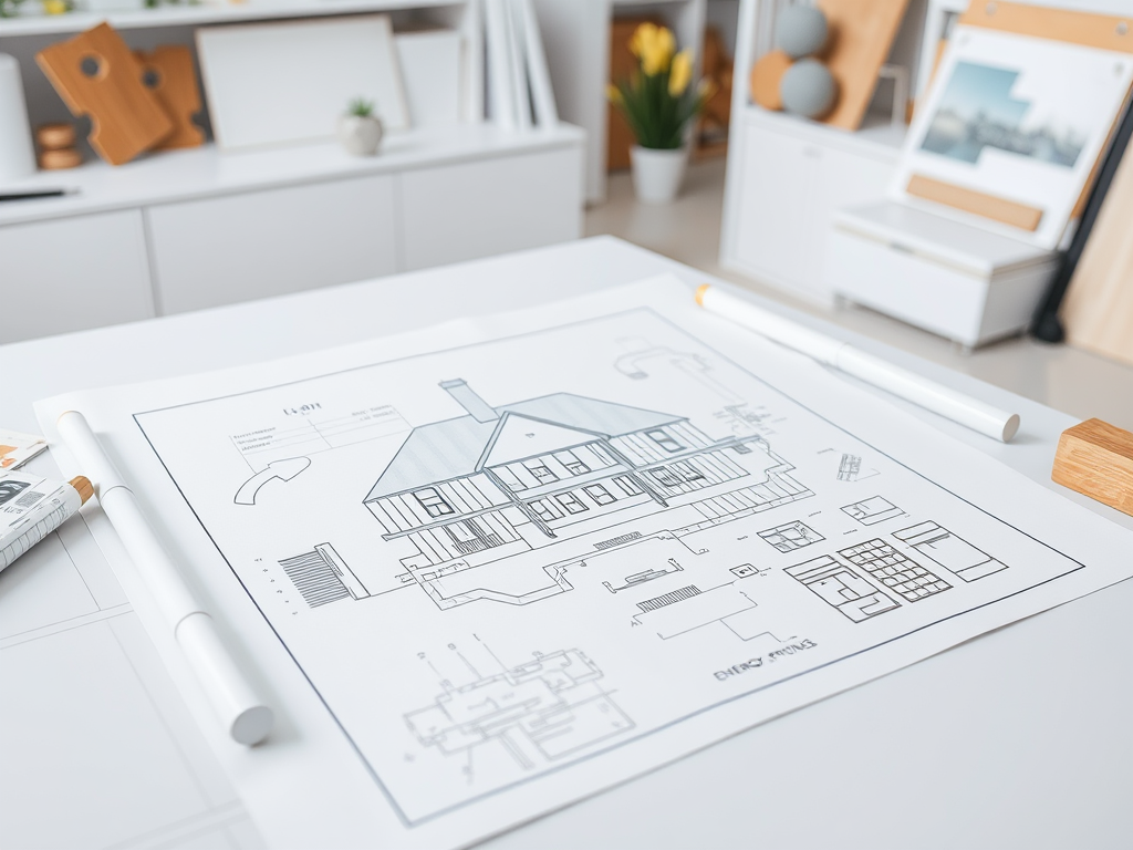 На столе лежит архитектурный план дома с деталями и измерениями. В окружении офисные принадлежности.