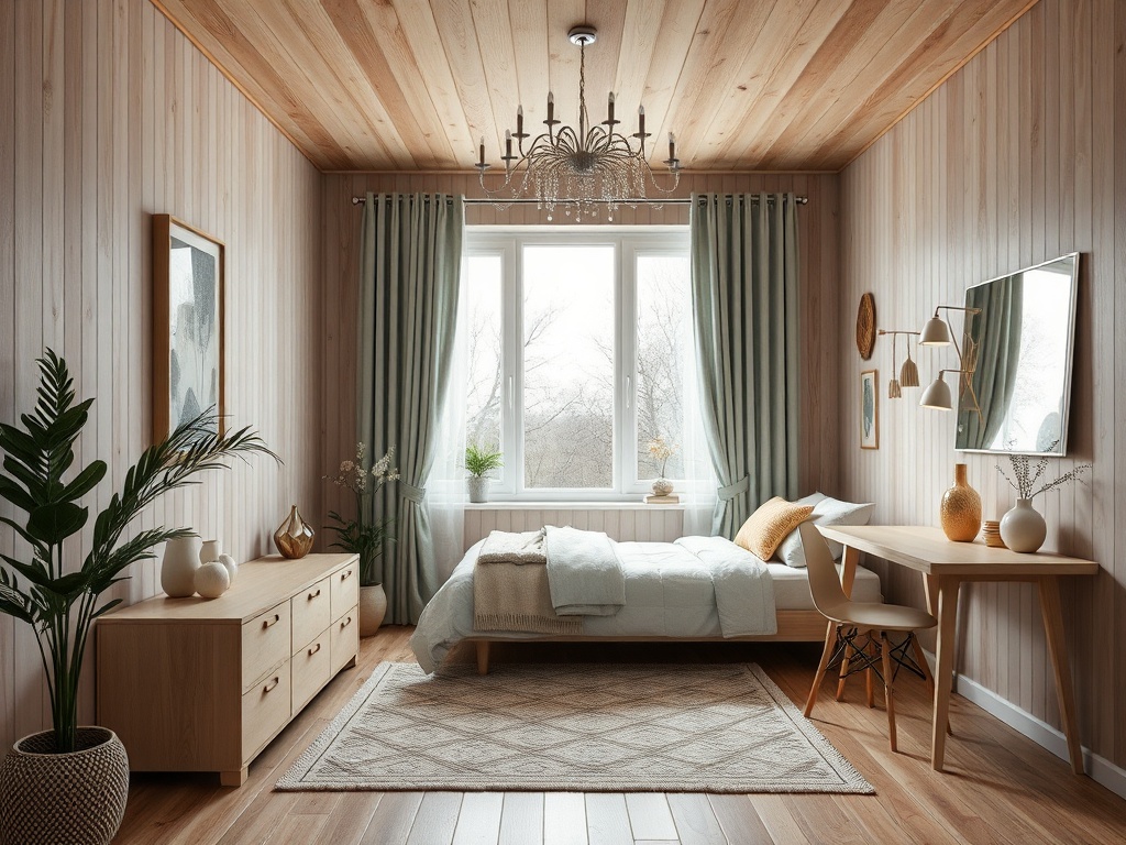 Современная спальня с деревянными стенами, окном, уютной мебелью и растениями в углу.