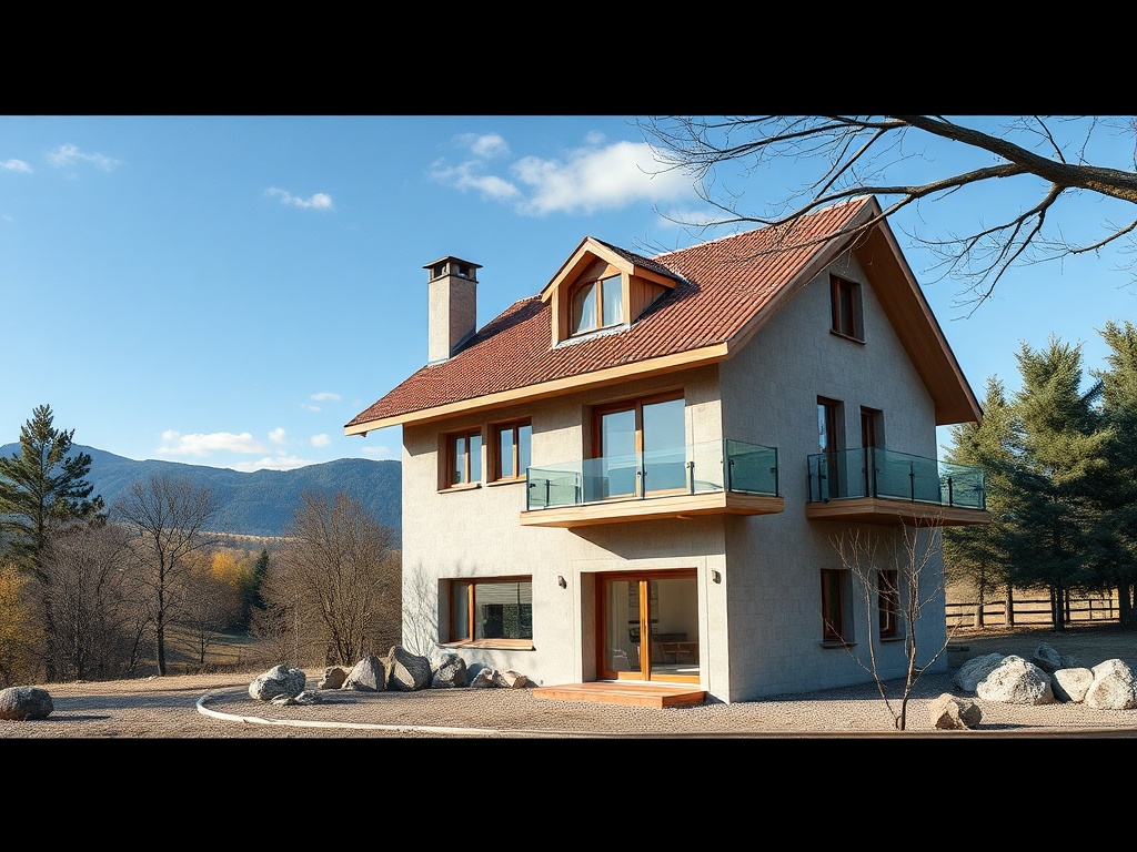 Современный дом с балконами и лужайкой на фоне гор и деревьев в ясный день.