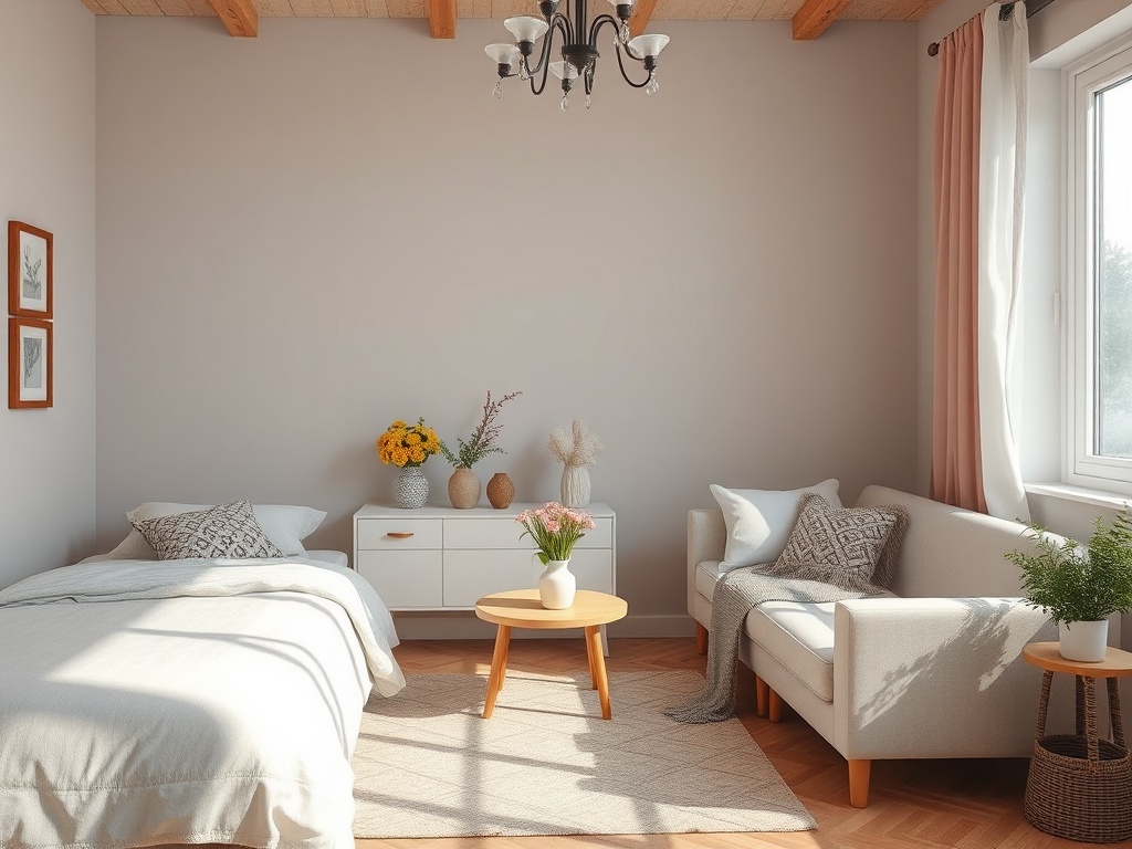 Современная комната с кроватью, диваном, кофейным столиком и цветами на окне. Светлые тона и уютная атмосфера.