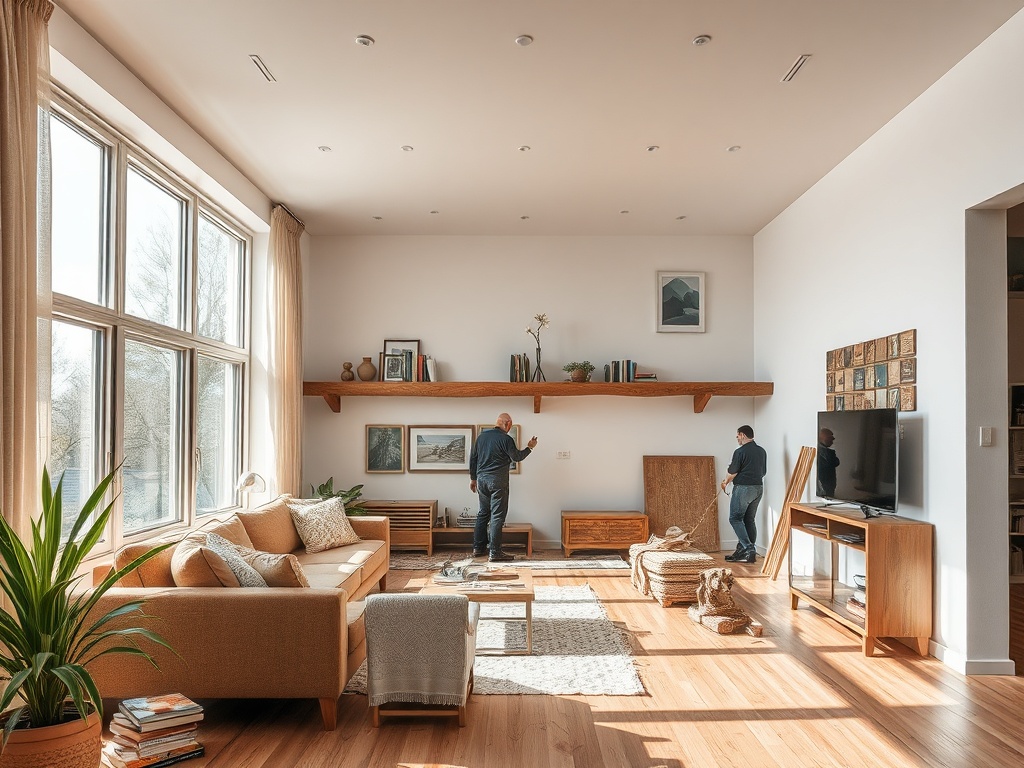 Два человека обустраивают современную гостиную с большими окнами, уютной мебелью и деревянными полками.