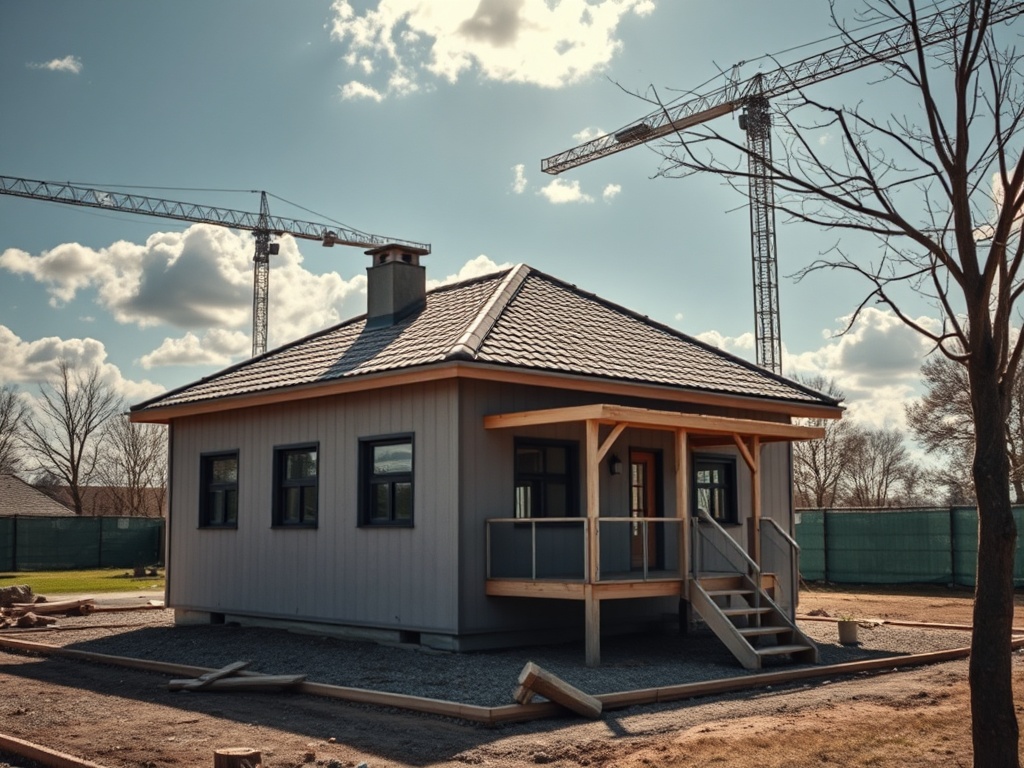 На картине изображен новый дом на стройплощадке с кранами на фоне облачного неба.