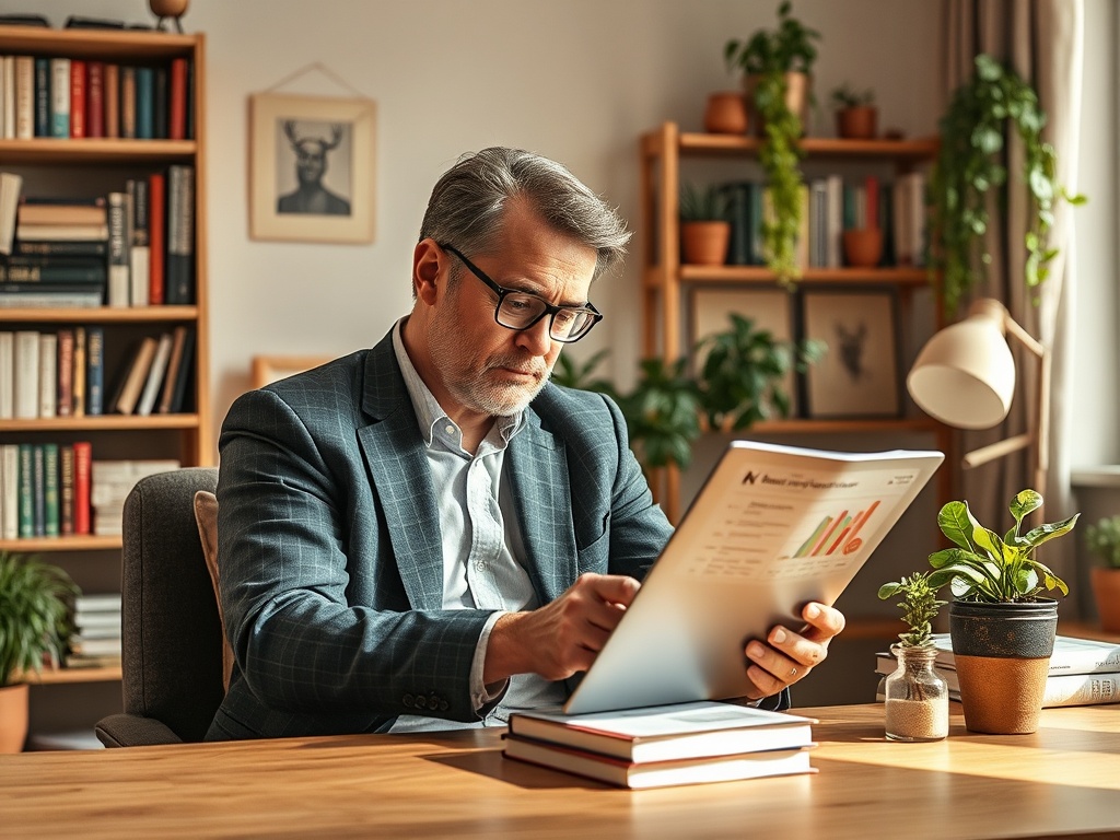Мужчина в деловом костюме читает отчет, сидя за столом с книгами и растениями в уютном офисе.