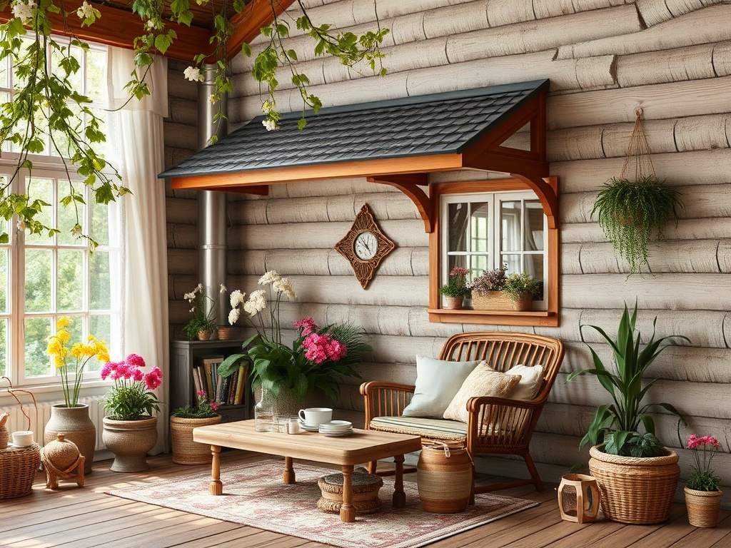 Светлая комната с деревянными стенами, уютной мебелью и многочисленными растениями в горшках.