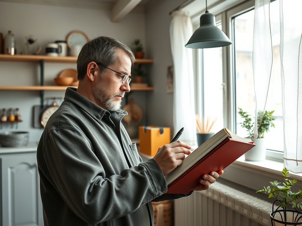 Мужчина в серой куртке, пишущий в красной книге у окна с зелеными растениями на подоконнике.