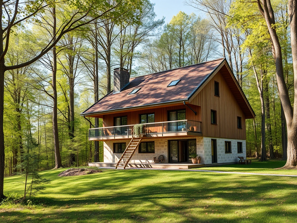 Современный дом в лесу с зелёным газоном и деревьями вокруг. Яркий солнечный день.