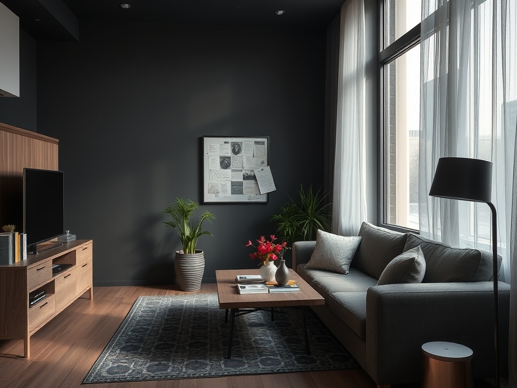 Современная гостиная с серыми стенами, уютным диваном и растениями у окна, где падает мягкий свет.
