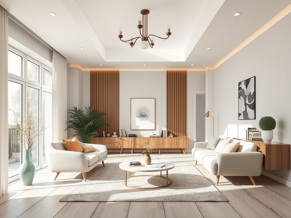 Современная гостиная с большими окнами, мягкой мебелью и стильным декором на стенах. Светло и уютно.