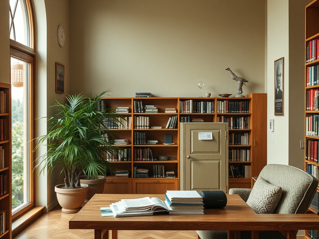 Уютная библиотека с деревянной мебелью, растением, полками с книгами и большим окном.