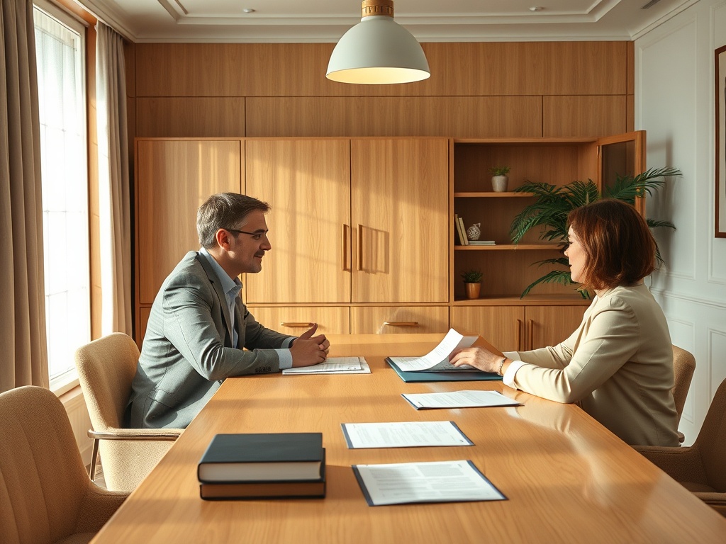 На встрече двое людей обсуждают документы за столом в уютном офисе. Окна залиты светом.