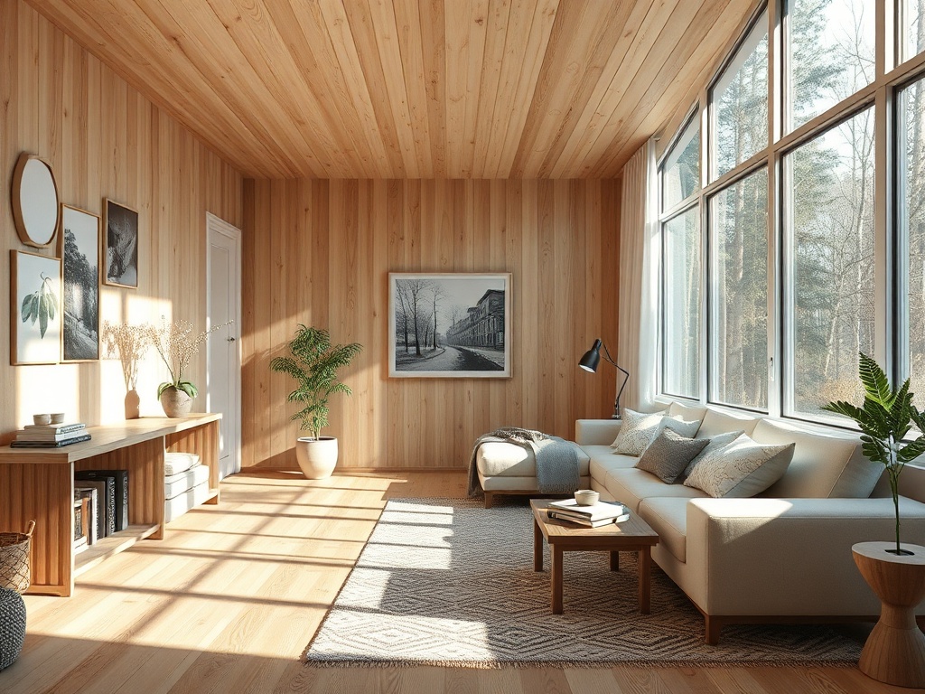 Современная светлая гостиная с деревянными стенами, мягкой мебелью и большими окнами, пропускающими солнечный свет.