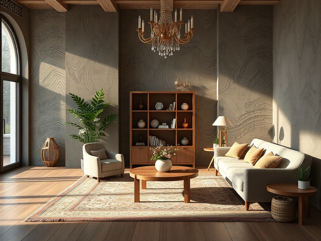 Современный интерьер гостиной с диваном, креслом, полками и растениями. Яркое освещение и деревянные элементы.