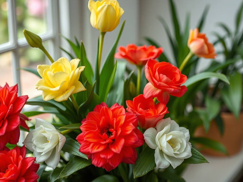 Букет ярких цветов: желтые, красные, белые и оранжевые цветы с зелеными листьями на фоне окна.