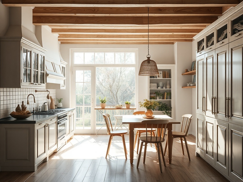 Кухня с деревянными балками, светлым интерьером, столом и стульями, наполненная уютом и солнечным светом.