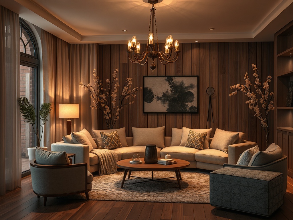 Уютная гостиная с мягкой мебелью, деревянными стенами и настенным светом, создающая атмосферу комфорта.