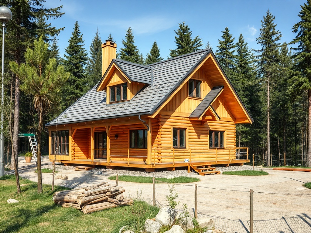 Современный деревянный дом с мансардой на фоне хвойного леса. Яркое солнечное утро.