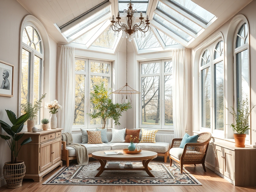 Уютная комната с большими окнами, светлыми занавесками и зелеными растениями, оформленная в современном стиле.