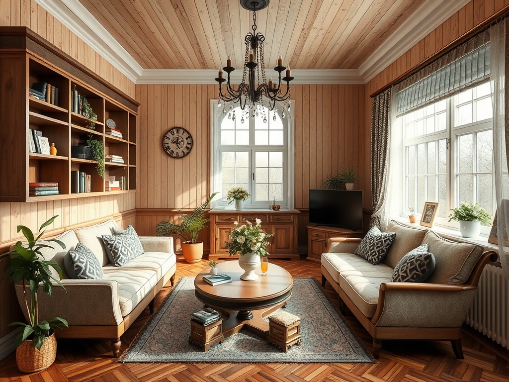Уютная гостиная с деревянными стенами, стеллажом, креслами и светильником, наполненная природными элементами.