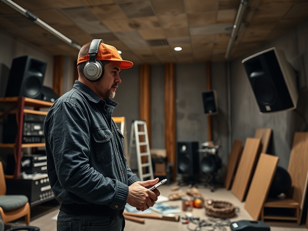 Музыкант в наушниках работает в студии звукозаписи, окруженной музыкальным оборудованием и инструментами.