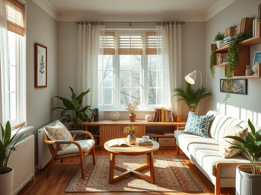 Уютная гостиная с мягкой мебелью, растениями и светлыми занавесками, наполняющая пространство светом.