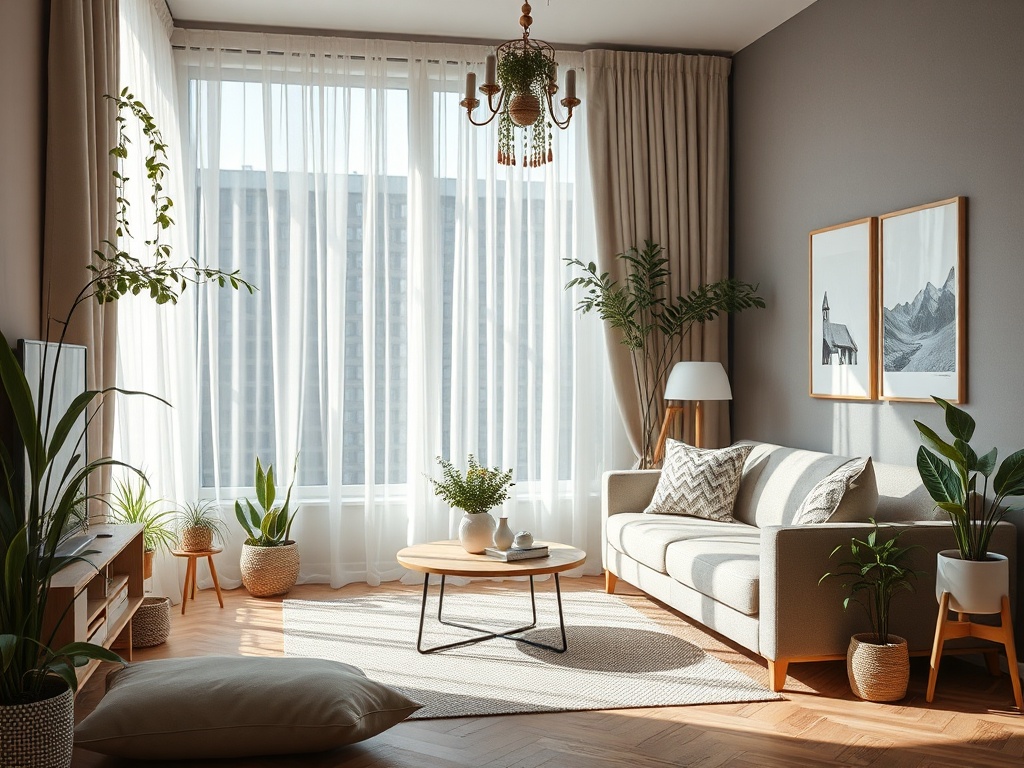 Светлая гостиная с растениями, диваном и столом. Окно с прозрачными шторами, солнечный свет заполняет комнату.