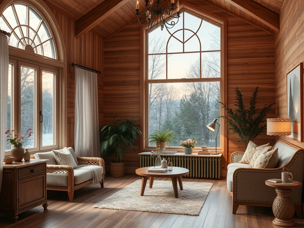 Уютный интерьер с большими окнами, деревянными стенами и спокойной обстановкой для отдыха и релаксации.