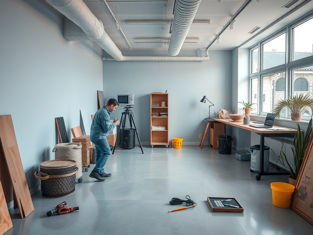Мужчина в рабочем помещении, среди мебели и инструментов, готовится к съемке. Светлые стены и окна.