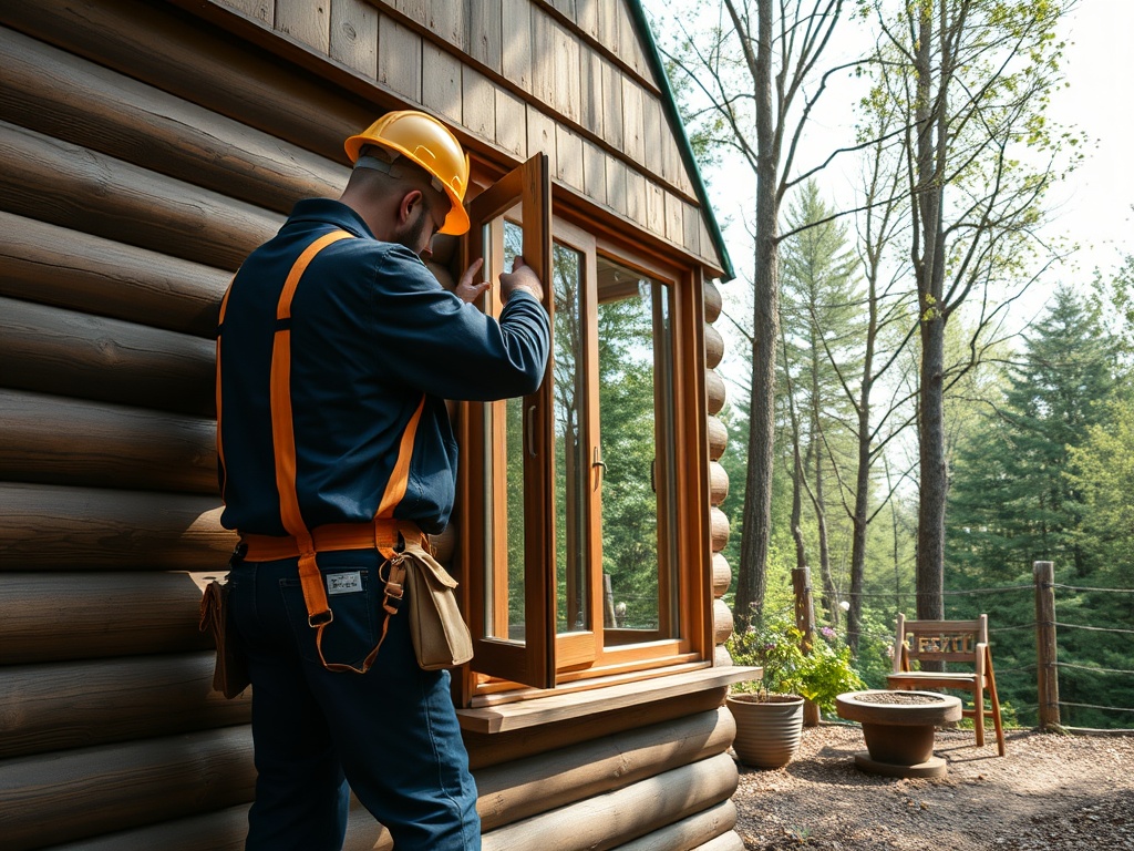 Рабочий в каске и с инструментами устанавливает окно в деревянном доме на фоне леса.