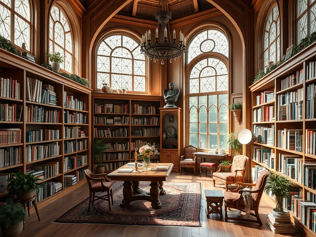 Уютная библиотека с многоярусными полками, окнами в стиле ар-деко и удобной мебелью.