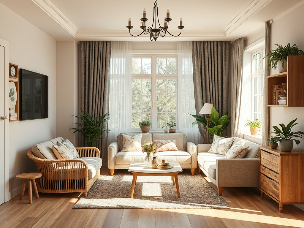 Современная гостиная с уютной мебелью, зелеными растениями и большим окном, пропускающим свет.