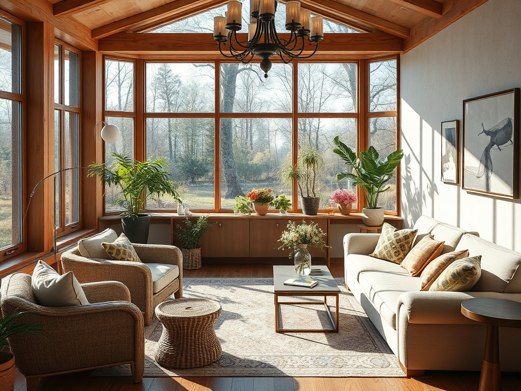 Светлая гостиная с большими окнами, растениями и уютной мебелью. Атмосфера спокойствия и комфорта.