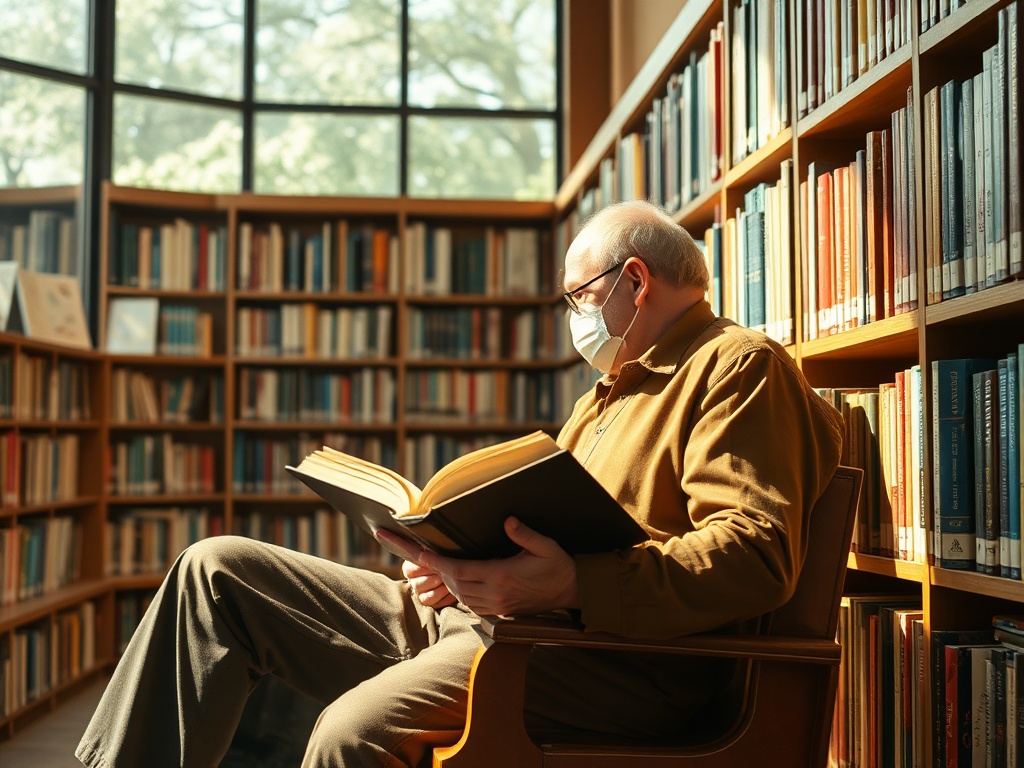 Пожилой мужчина в маске читает книгу в библиотеке, окруженный полками с книгами.