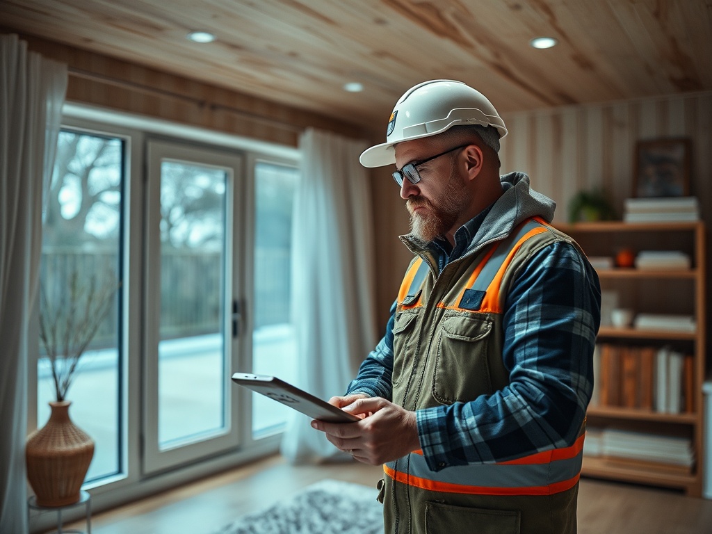 Строитель с планшетом в руках, надевший каску и жилет, стоит в светлом помещении у окна.
