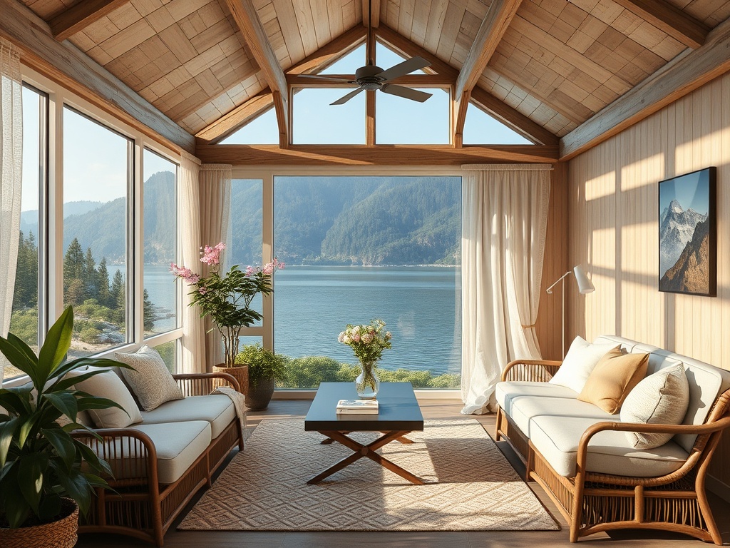 Современный зал с большими окнами и видом на озеро, уютная мебель и зелень в интерьере.