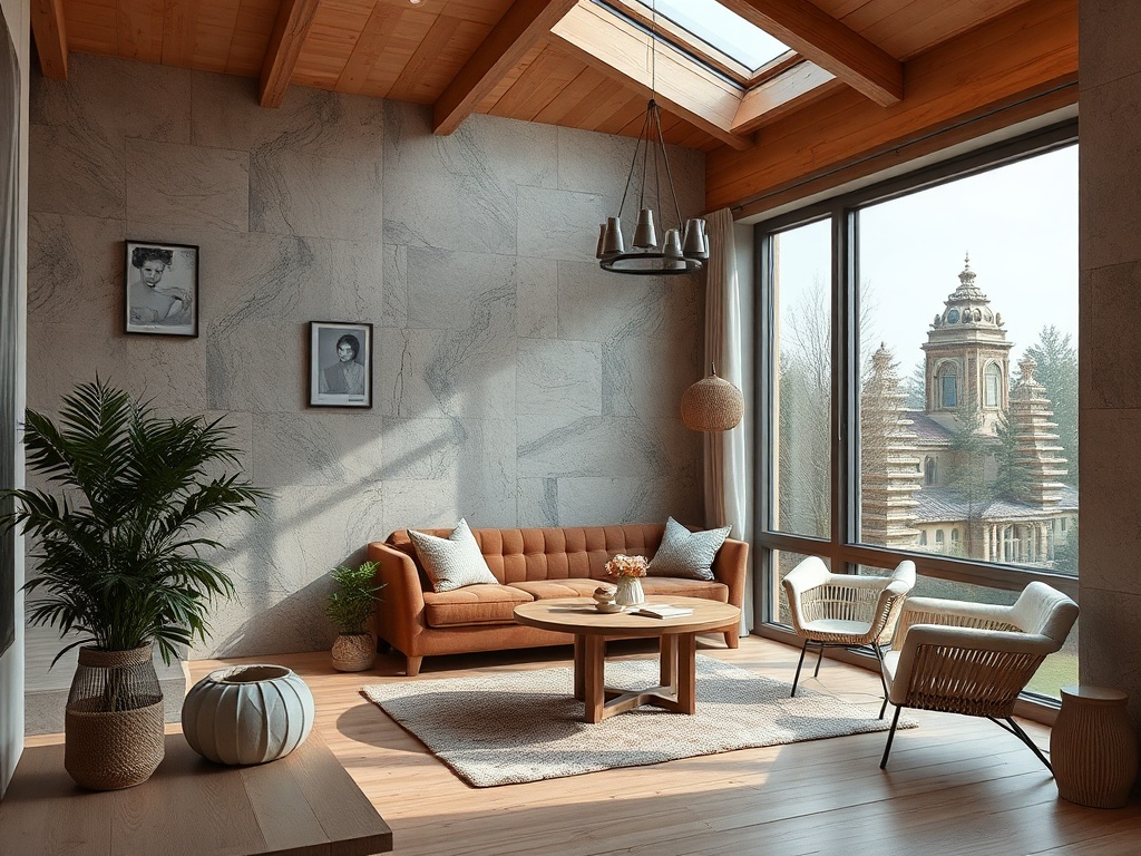 Современный уютный интерьер с диваном, уютным светом и видом на архитектурное здание за окном.