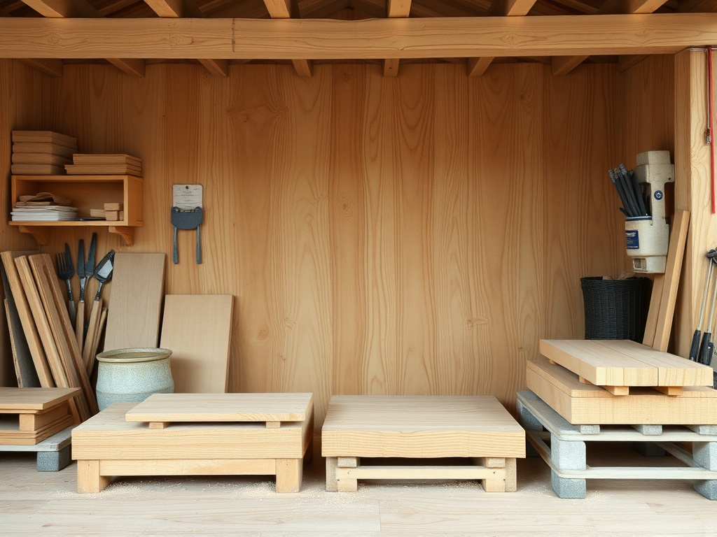 Внутри деревянного сарая — полки, деревянные доски и инструменты для работы по дереву.