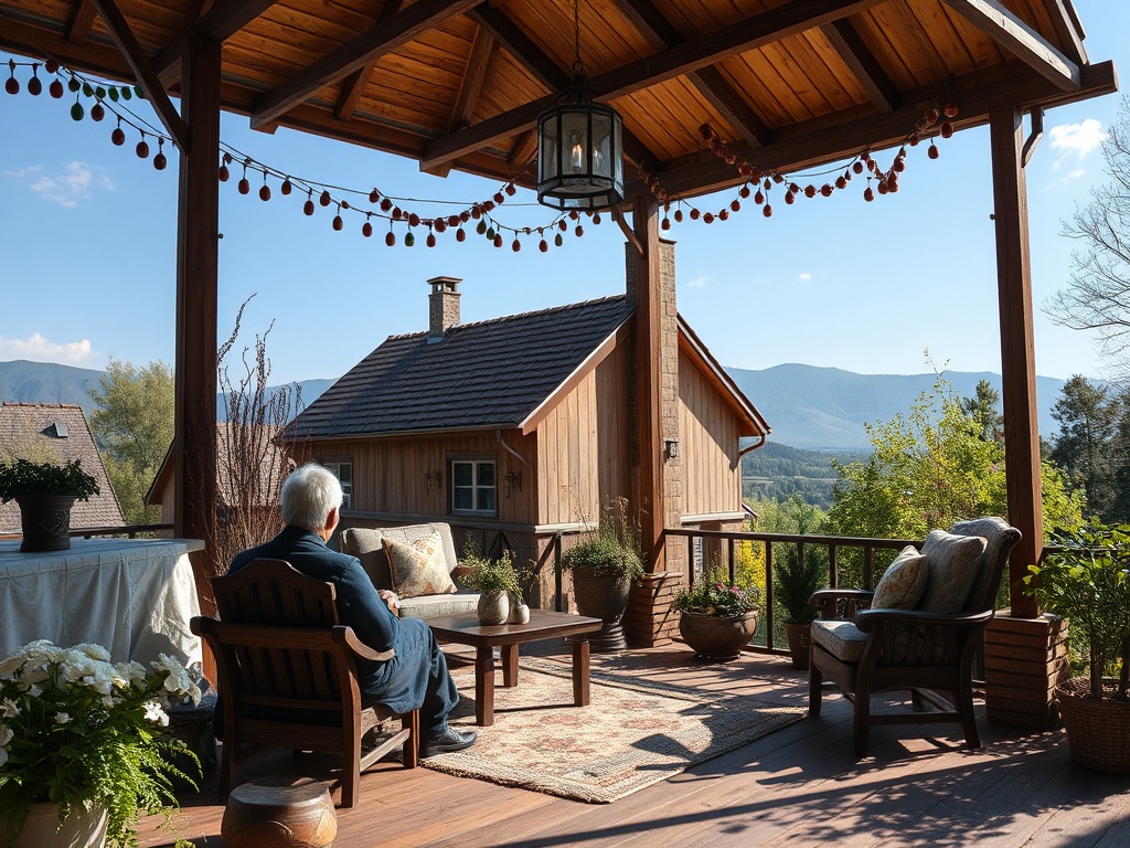 Уютная веранда с видом на горы, деревянные кресла и зеленые растения. Солнечный день и спокойная атмосфера.