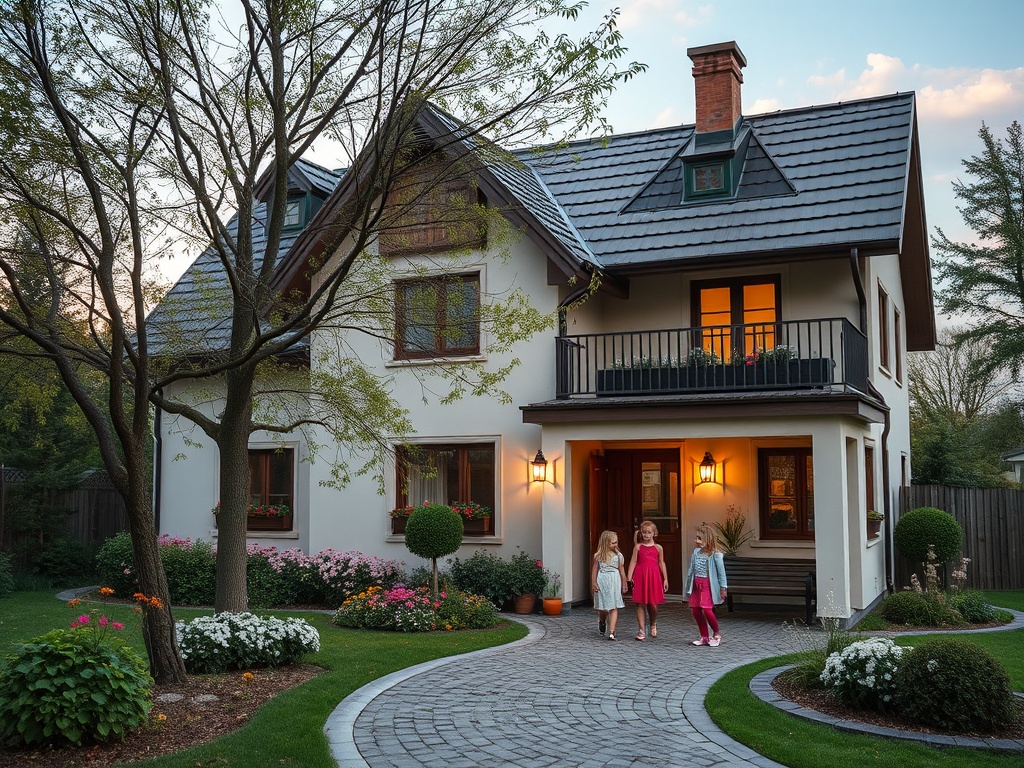 Дом с панорамными окнами, садом и дорожкой. Три девочки в платьях идут к двери. Вечерний свет.