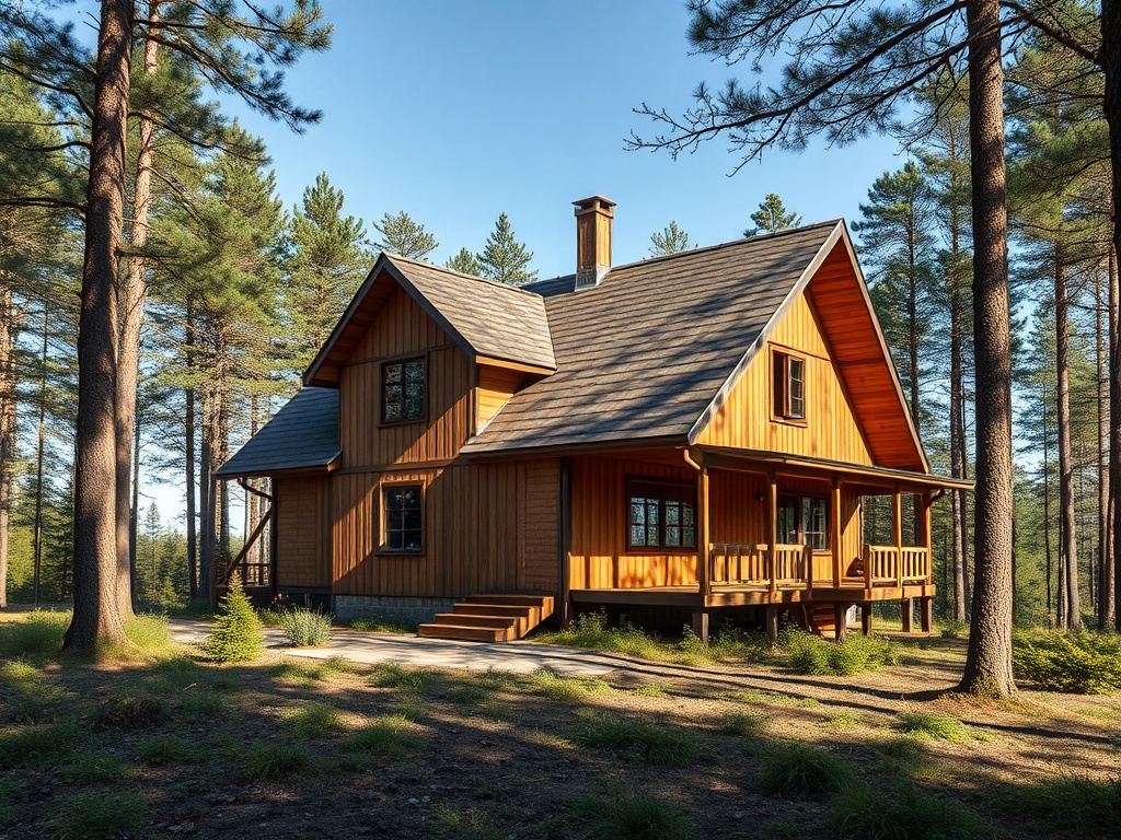 Деревянный дом в лесу, окружённый высокими деревьями и зелёной растительностью, в солнечный день.