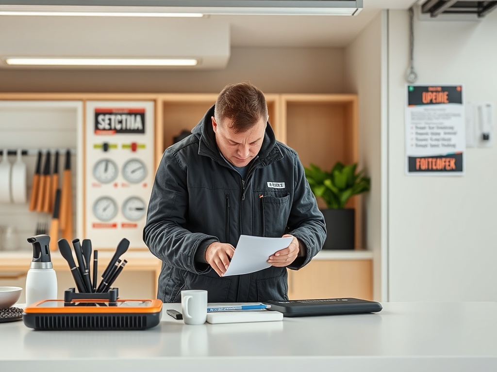 Мужчина в черной куртке просматривает документы на столе в современном офисе с кухонными принадлежностями.