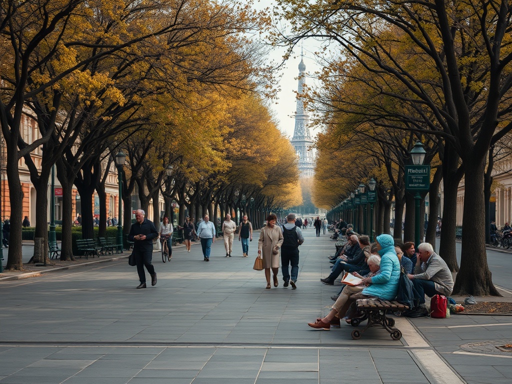 Пешеходная улица, окружённая деревьями с желтыми листьями, люди прогуливаются и отдыхают на скамейках.