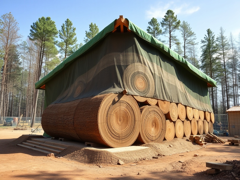 На изображении показана складская постройка с круглым бревном и защитной крышей среди сосен.