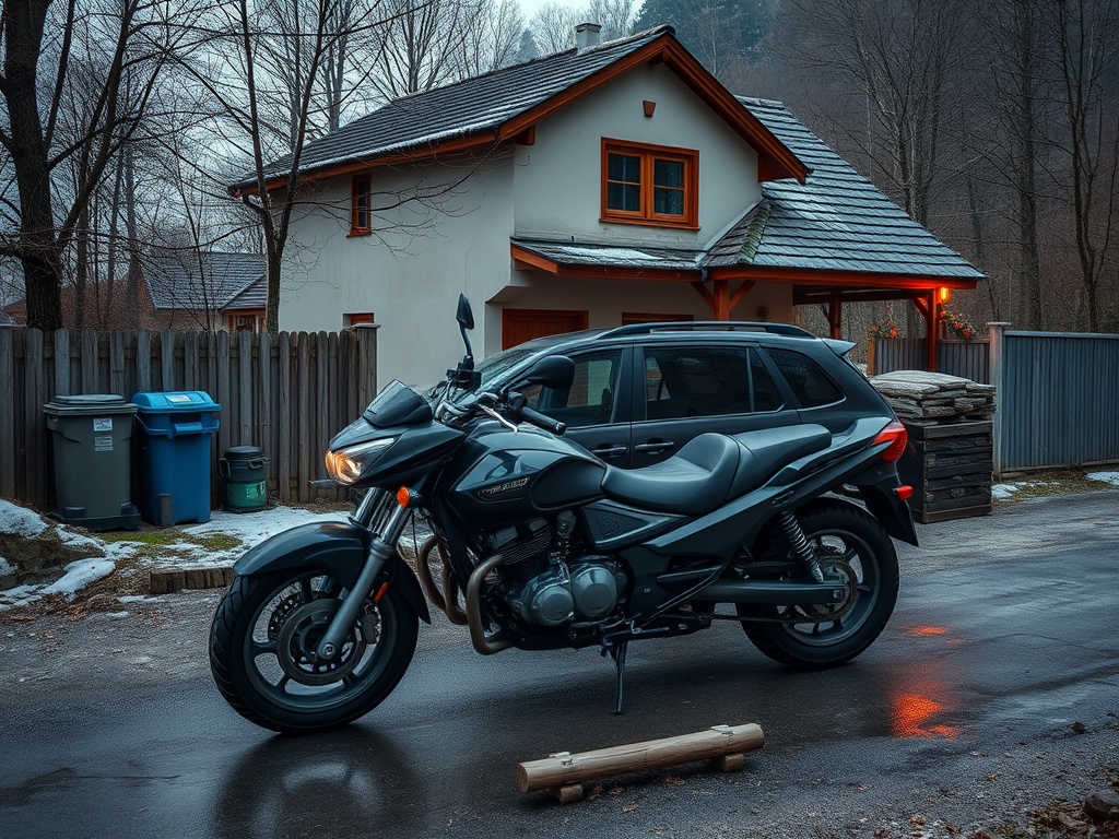 На переднем плане мотоцикл рядом с домом, припаркованным на дороге среди деревьев. Снег на земле.